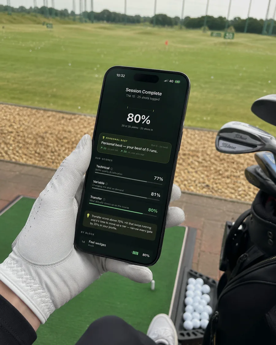 A gloved hand holding a phone showing a completed session: 80%, with technical, variable and transfer sub-scores.