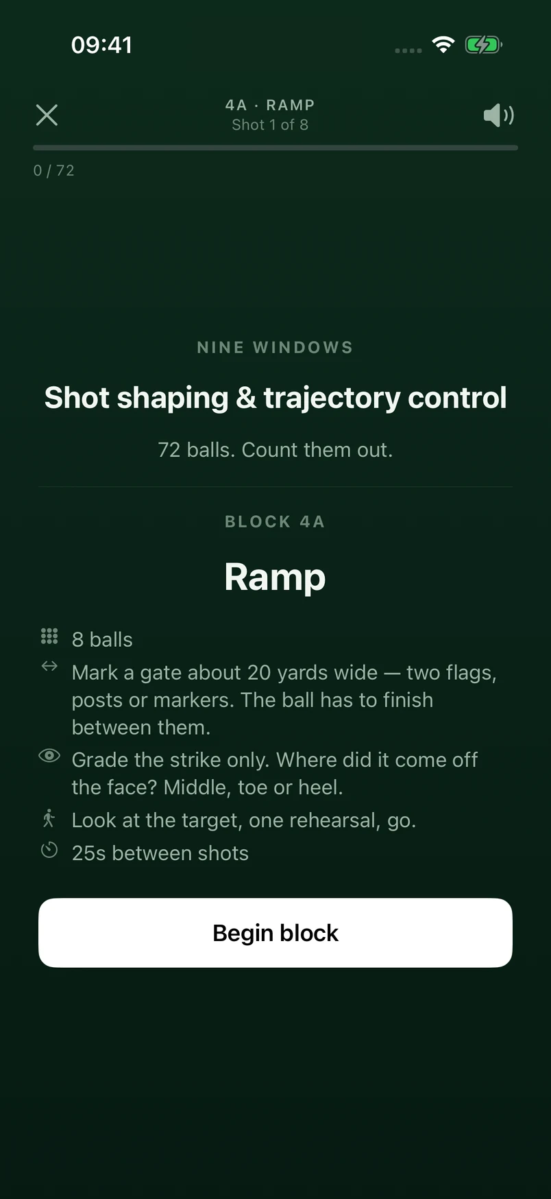 Block intro card: Ramp — 8 balls, mark a gate about 20 yards wide, grade the strike only.