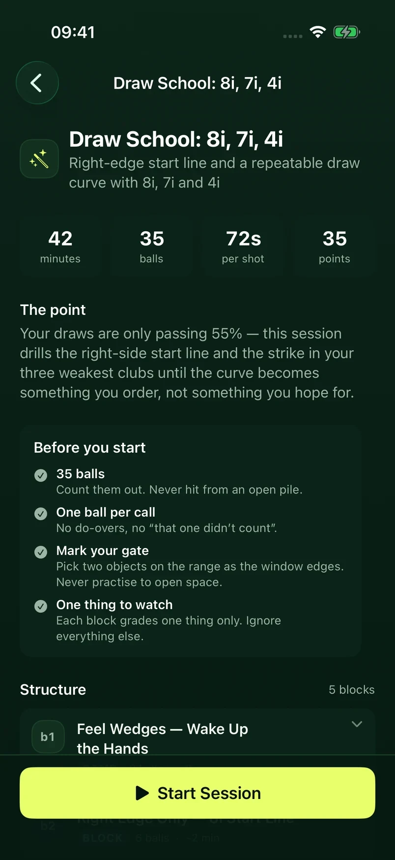 A personal routine built from this player's own 55% draw weakness, showing its length, ball count and the reason it was written.
