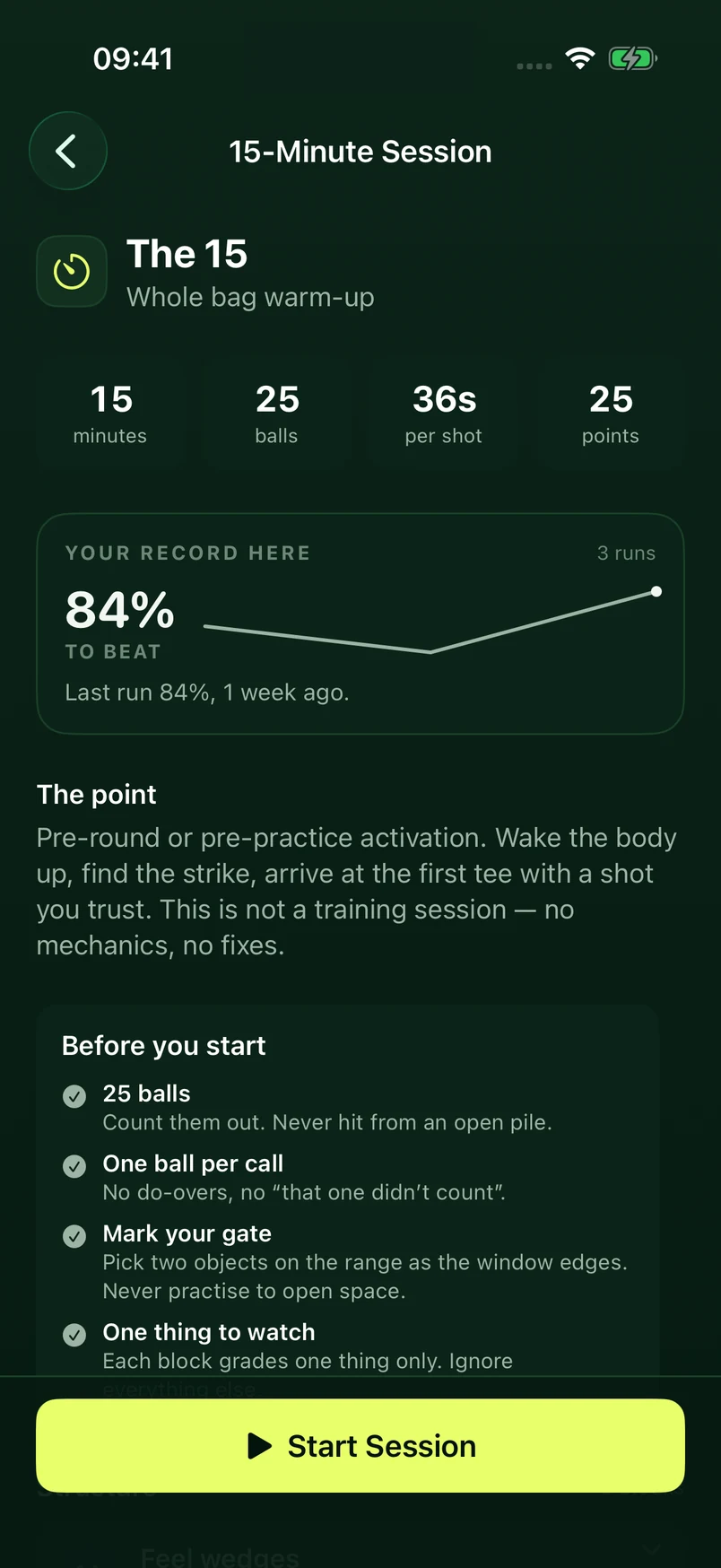 Session detail for The 15, a whole-bag warm-up, showing 25 balls in 15 minutes and a record of 84% to beat.